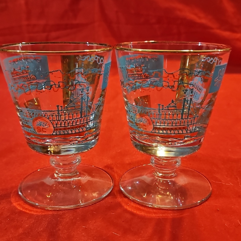 LIBBEY 2-SOUTHERN COMFORT Steamboat Cocktail Glasses-Gold Trim-Aqua-Vintage 60s